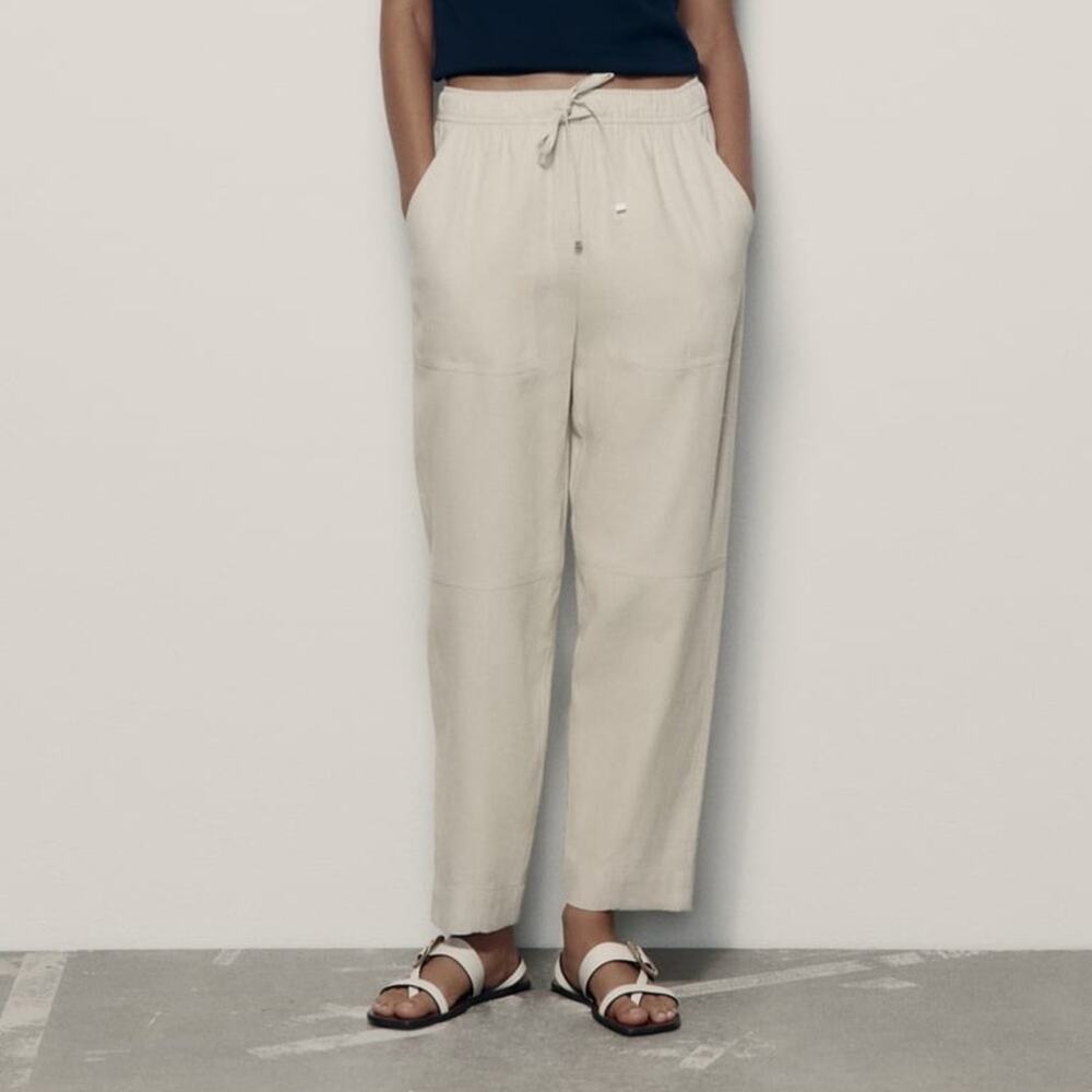 Zara Beige Oatmeal Linen Blend Tapered Leg High Rise Pants 25” Women’s Medium - Picture 12 of 12